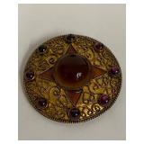 Vintage Sterling Vermeil Red Cabochon Brooch - MMA Garnet Cab w/ Glass Center