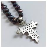 Ethiopian Silver Cross Pendant on Knotted Black Pearl Necklace