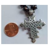 Ethiopian Silver Cross Pendant on Knotted Black Pearl Necklace