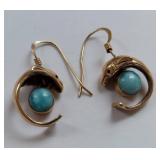 14K Gold Larimar Stone Dolphin Design Earrings
