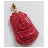 Red Coral Buddha Pendant with 14K Gold Bail