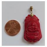 Red Coral Buddha Pendant with 14K Gold Bail