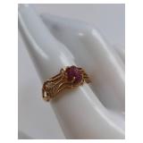 10K Gold Ring with Carved Ruby & Filigree Design