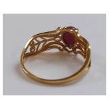 10K Gold Ring with Carved Ruby & Filigree Design