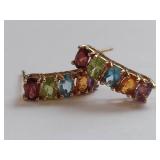 14k Gold Multicolored Gemstone Earrings including Garnet, Peridot, Blue Topaz, Citrine & Amethyst