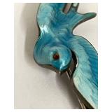 Antique Sterling Silver Enamel Blue Bird Brooch Pin