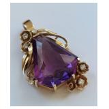 14k Gold Massive Amethyst Pendant with Diamonds