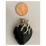 Sterling Silver Cat Pendant on Black Heart Shape