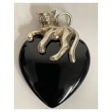 Sterling Silver Cat Pendant on Black Heart Shape