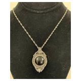 Sterling Silver Reversible Pendant on Chain - Marcasite, MOP & Onyx