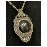 Sterling Silver Reversible Pendant on Chain - Marcasite, MOP & Onyx