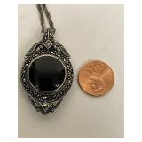 Sterling Silver Reversible Pendant on Chain - Marcasite, MOP & Onyx