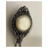 Sterling Silver Reversible Pendant on Chain - Marcasite, MOP & Onyx