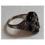 Vintage Sterling Silver Ring, Onyx & Marcasite