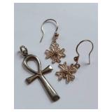Elegant Sterling Filigree Floral Earrings & Ankh Pendant Set