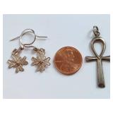 Elegant Sterling Filigree Floral Earrings & Ankh Pendant Set
