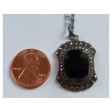 Vintage Sterling Silver Marcasite Pendant Necklace - Chain is not silver