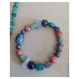 Mixed Stone Beaded Necklace and Bracelet Set - Sterling Silver and Turquoise