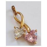 14k Gold Heart Pendant with Pink & Clear CZ Stones