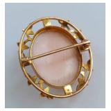 Vintage 10K Gold Cameo Brooch w/ Seed Pearls by Marathon