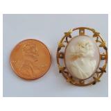 Vintage 10K Gold Cameo Brooch w/ Seed Pearls by Marathon