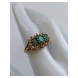 T&C 10K Gold Emerald & White Beryl Ring Vintage Style, Missing Stone
