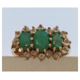 T&C 10K Gold Emerald & White Beryl Ring Vintage Style, Missing Stone