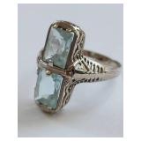 Stunning Art Deco 14k White Gold Ring with Aquamarine Stones