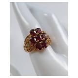 10K Gold Ring with Garnet Gemstones and Intricate Filigree