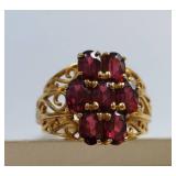 10K Gold Ring with Garnet Gemstones and Intricate Filigree
