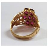 10K Gold Ring with Garnet Gemstones and Intricate Filigree