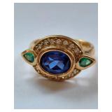 Sterling Silver Gold Vermeil Sapphire & Emerald Ring Size 9