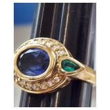 Sterling Silver Gold Vermeil Sapphire & Emerald Ring Size 9