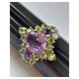 Sterling Silver Amethyst Peridot Cluster Ring