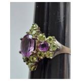 Sterling Silver Amethyst Peridot Cluster Ring