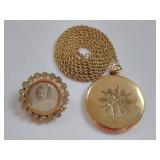 Vintage Gold Locket Necklace and Brooch Set