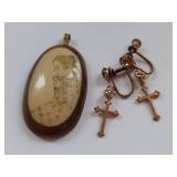 Vintage Wooden Prayer Pendant & Cross Earrings Set
