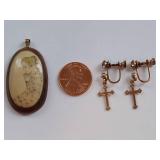 Vintage Wooden Prayer Pendant & Cross Earrings Set