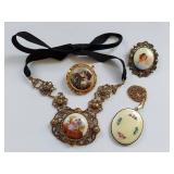 Vintage Cameo Brooch Necklace Locket Set