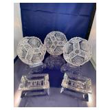 Set of 3 Cut Glass Crystal Condiment Bowls and 2 Engraved Crystal Ashtrays