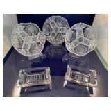 Set of 3 Cut Glass Crystal Condiment Bowls and 2 Engraved Crystal Ashtrays