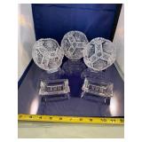 Set of 3 Cut Glass Crystal Condiment Bowls and 2 Engraved Crystal Ashtrays
