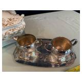 Antique Covered Vegetable Dish and Silver Sugar & Creamer Set