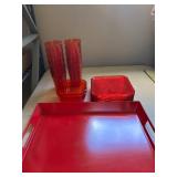 Collection of Red Acrylic Serveware Including Tray, Cups, and Bowls