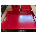 Collection of Red Acrylic Serveware Including Tray, Cups, and Bowls