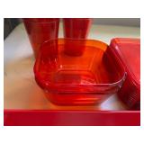 Collection of Red Acrylic Serveware Including Tray, Cups, and Bowls