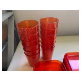 Collection of Red Acrylic Serveware Including Tray, Cups, and Bowls