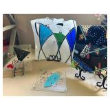 Set of 4 Colorful Art Glass Plates with Stand