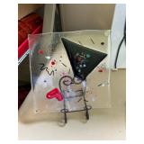 Set of 4 Colorful Art Glass Plates with Stand