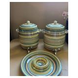 Ceramic Beverage Dispenser Set with Spouts and Serving Platter